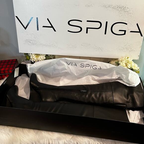 NEW Via Spiga Leather Wedge Over the Knee Kennedy OTK Wedge Heel Boots Black S… - Picture 8 of 16
